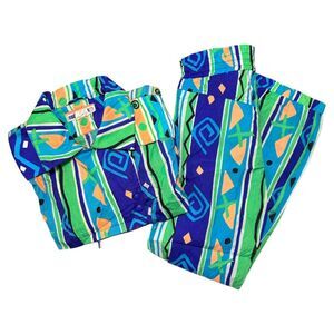 Vintage Obermeyer Juniors Retro Neon Geometric Stripes Ski Set, Size 12/14